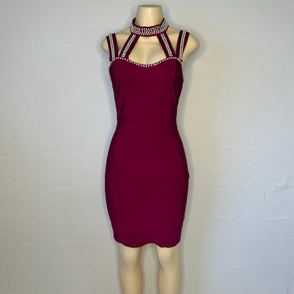 12th Heart Burgundy Bodycon Dress Pearl Rhinestone Halter Choker Sz 4
Y2K style